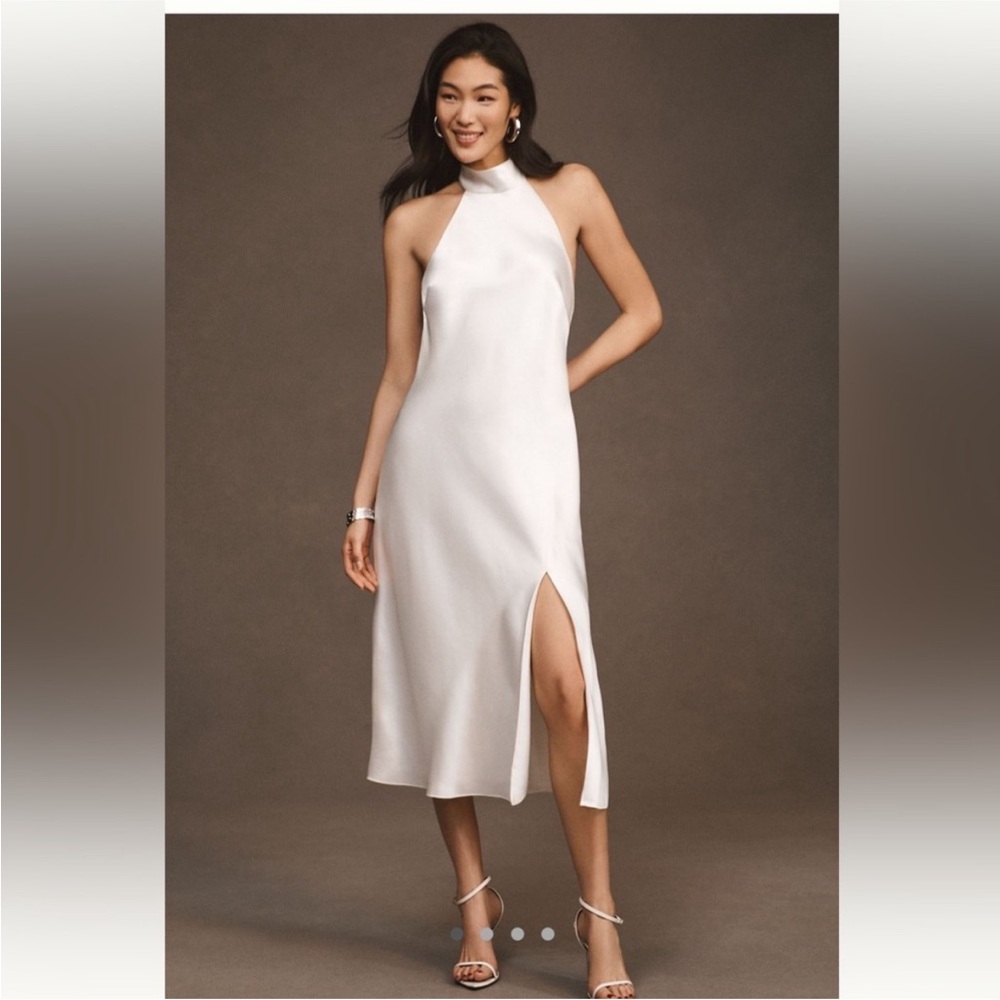 BHLDN Ivory Halter Midi Dress with Thigh Slit